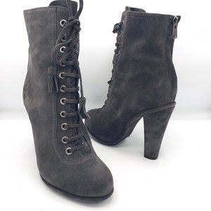 AllSaints Grimsby Boots 10 Gray Suede Lace Up Heels Zip Back Round Toe